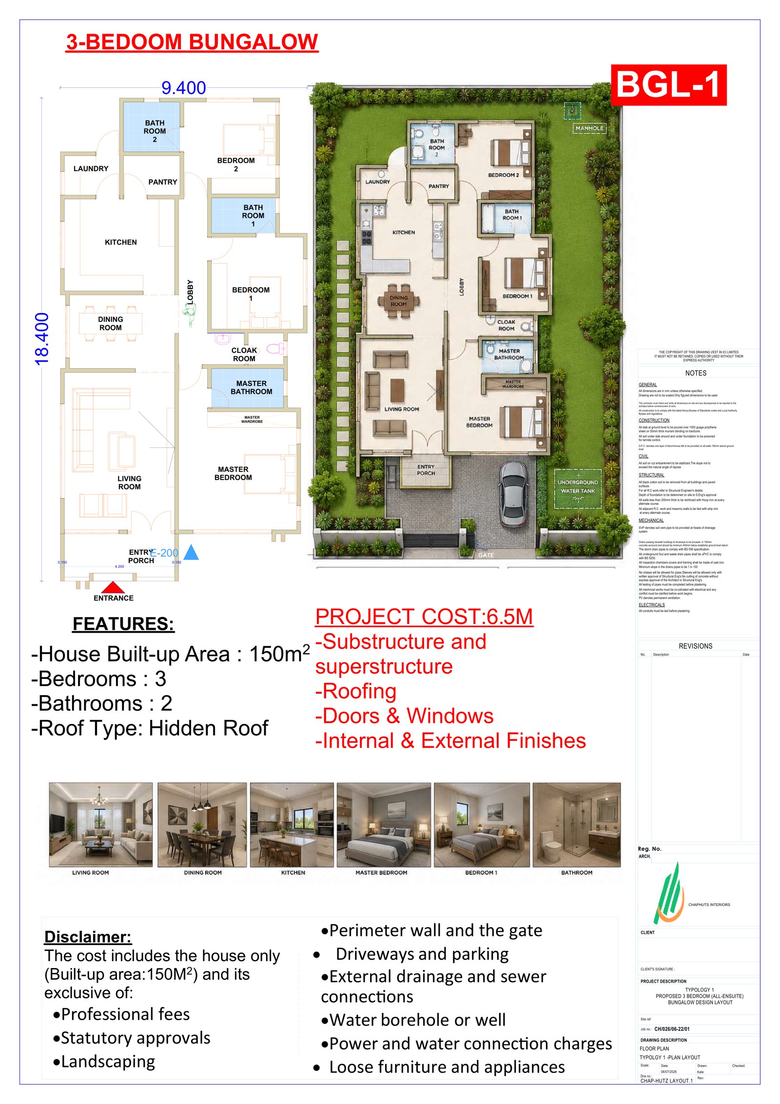 3-Bedroom All-Ensuite Bungalow floor plan and specification sheet