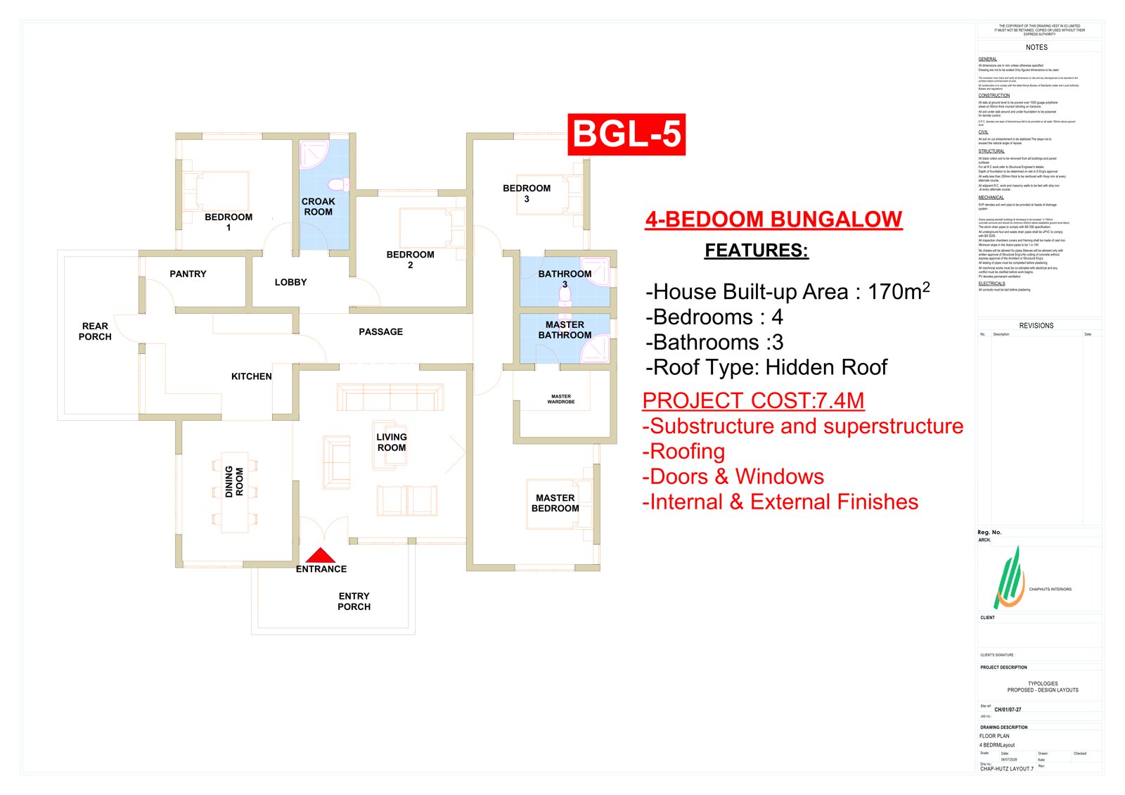 4-Bedroom Bungalow floor plan and specification sheet