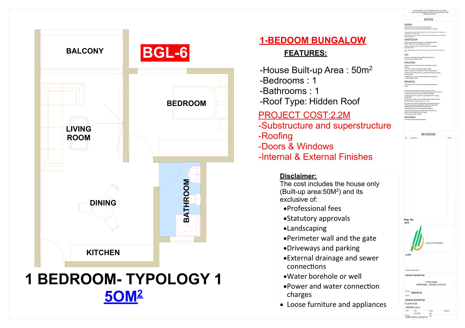 1-Bedroom Bungalow floor plan and specification sheet