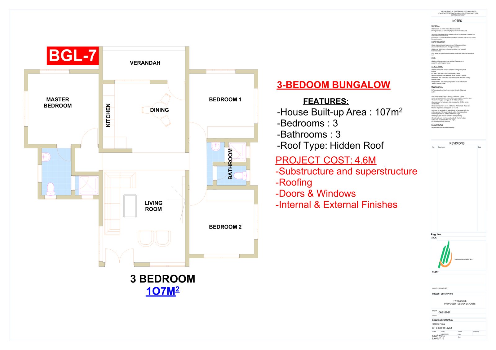 3-Bedroom Bungalow floor plan and specification sheet